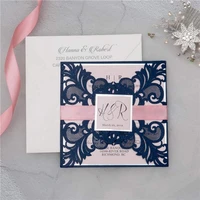 10 pieceslot rococo navy wedding invitations with silver glitter belt laser floral engagement birthday invitation card ic148