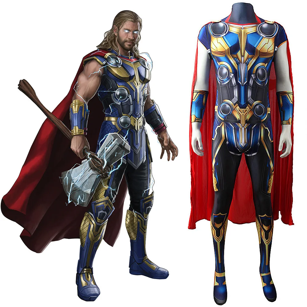 Marvel Superhero Thor Love and Thunder Cosplay Costume Bodysuit The Avengers Thor Zentai Jumpsuit Cloak Halloween Costumes