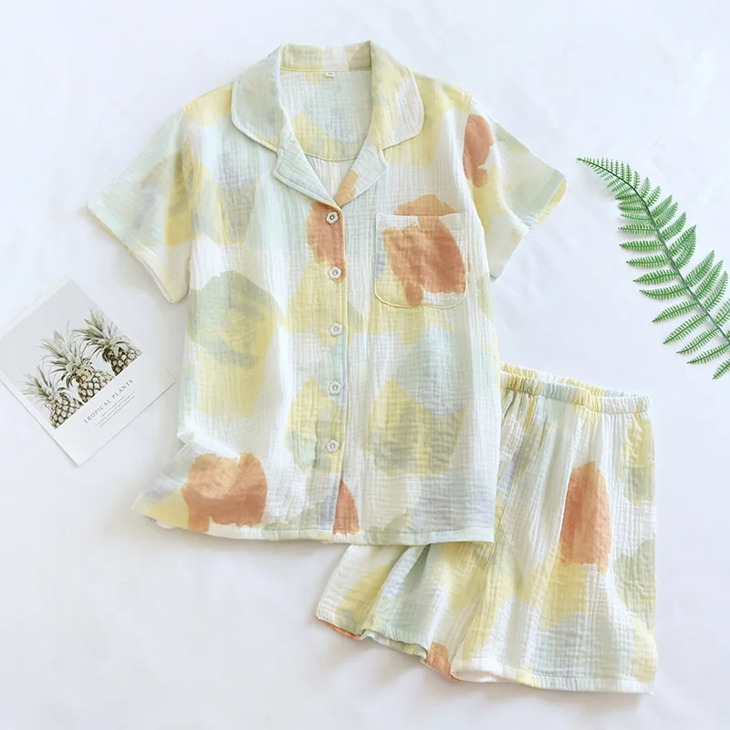 

2023 New Japanese Summer Pajama Set 100% Cotton Crepe Women's Short Sleeve Shorts Two Piece Casual Simple Pajama Home Furnishing
