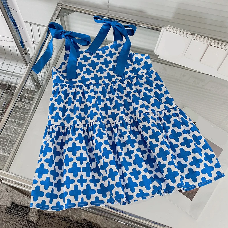 

2023 New Summer Summer Strap Dress Casual Dress Blue Bright Sleeveless Baby Girl Clothes Children Dress