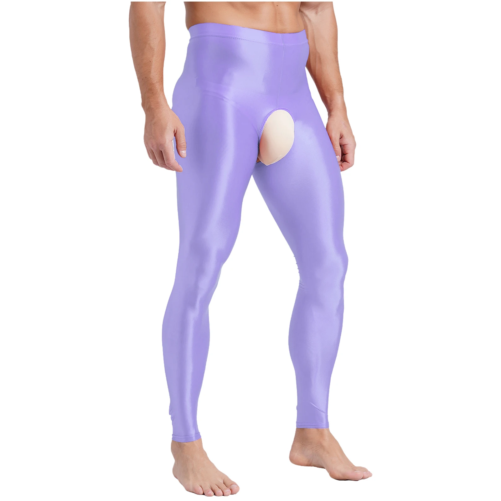 Мужские глянцевые леггинсы с открытой промежностью Однотонные эластичные