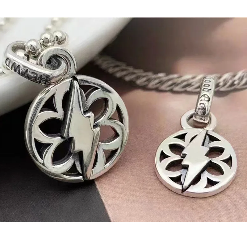 

style hang drop S925 pure silver small cherry blossom lightning round card sweater chain pendant female personality necklace