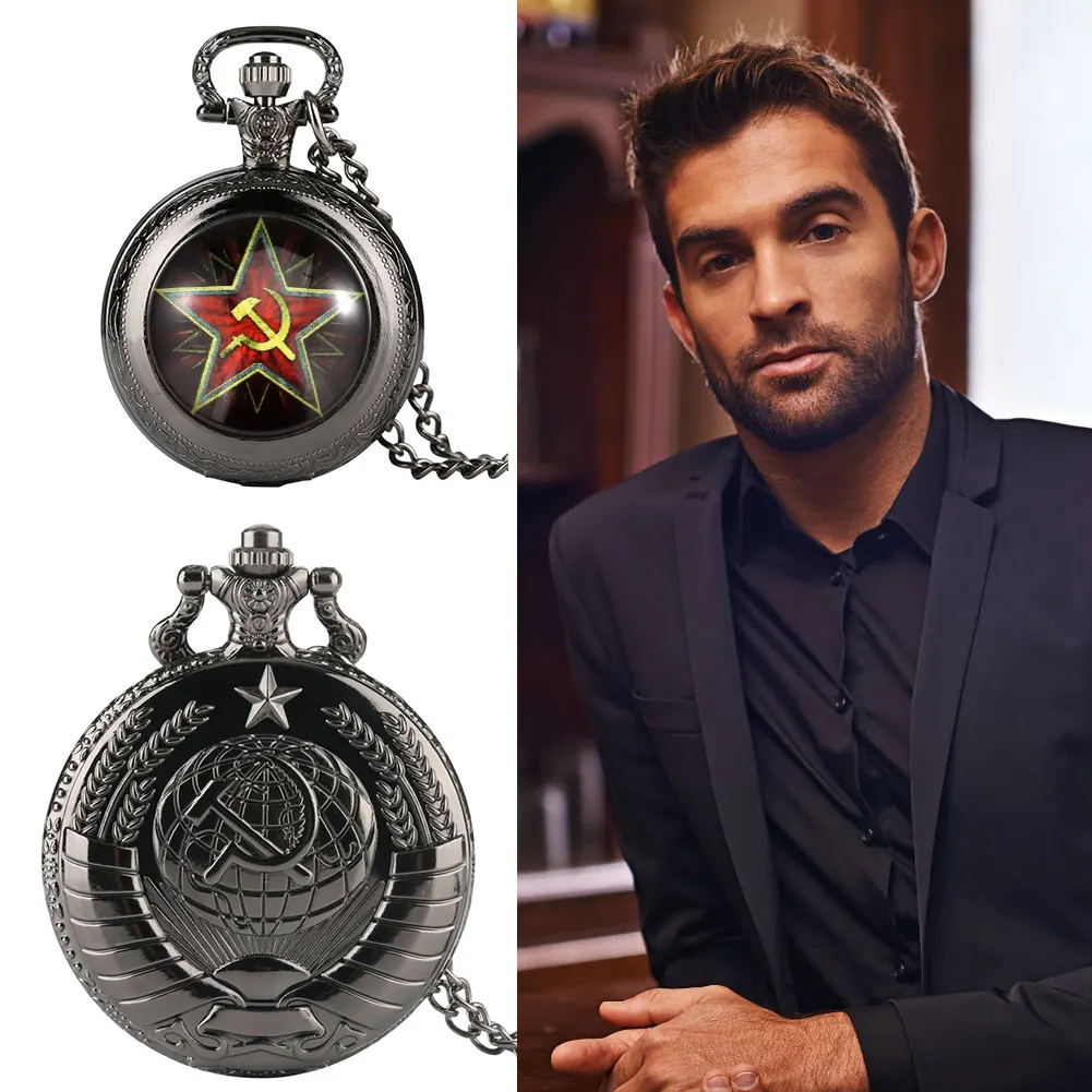 2PCS Black Pocket Watch Sets for Men Ussr Vintage Pocket Watch Mens Quartz Pocket Watch Pedent Clock Gifts Set Карманные часы