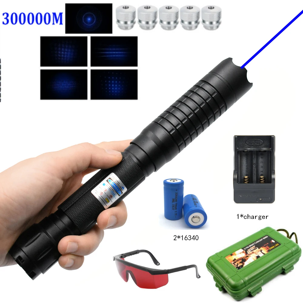 

Powerful Laser Pointer Pen Hunting Flashlight 450nm High Power Blue Light Adjustable Beam Burning Match 5 Modes With Charger