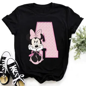 Disney Minnie Mouse T-shirt Female Funny 26 Capital Letters A-Z Print Tshirt Gothic Round Neck Tops Summer Kawaii Tops Women