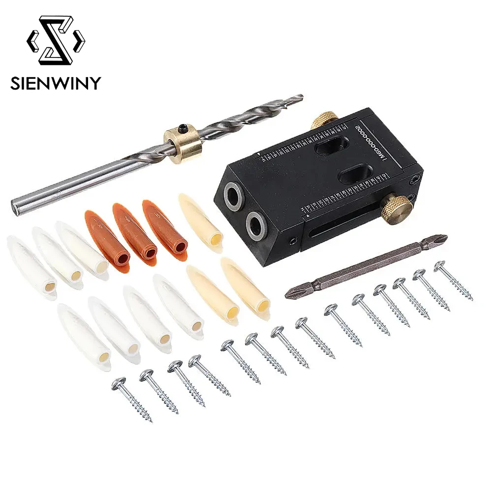 

Locator Angle Drill Guide Pocket Hole Jig Aluminum Alloy 9mm Carpentry Hole Puncher Woodworking with Step Drill Bit Set