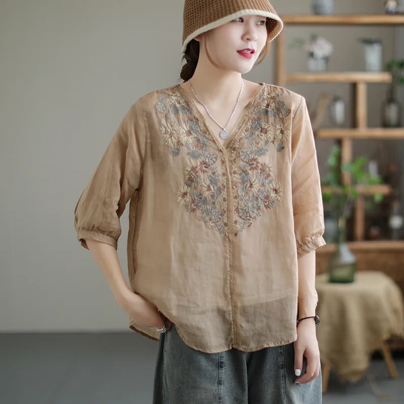 

TEELYNN Boho Summer Button Up Blouse Women Shirts Vintage Ramie V Neck Bohemian Ladies tops Floral Emboidery Loose Casual Blusas