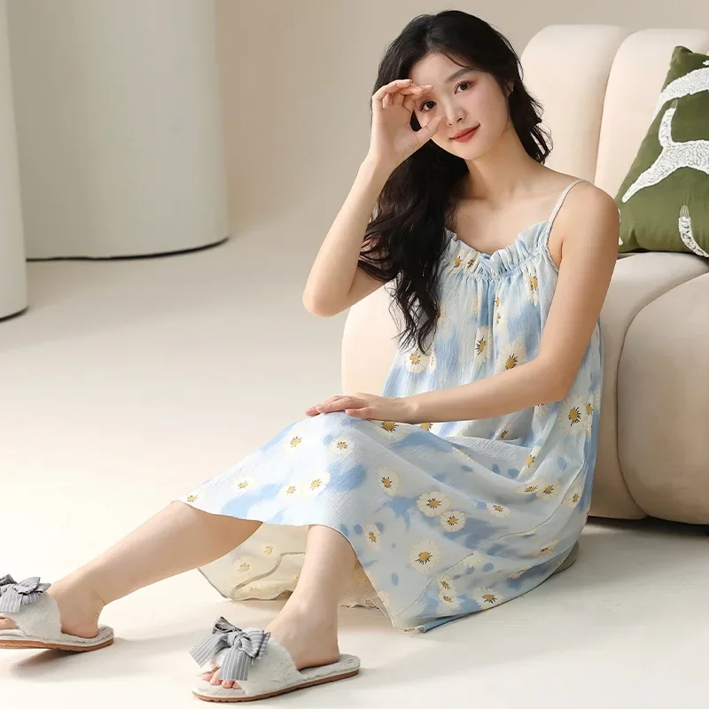 2024 New Women's Sleeveless Tank Dress Cotton Sleepwear Chest Pad Summer Sweet Style Nightgown Sleepshirt