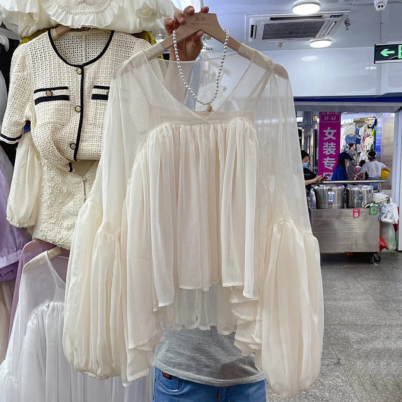 

Fake 2 Pieces Chiffon Women Blouse Summer New Design 2022 O-Neck Solid Lantern Sleeved Elegant Female Pulls Top Quality