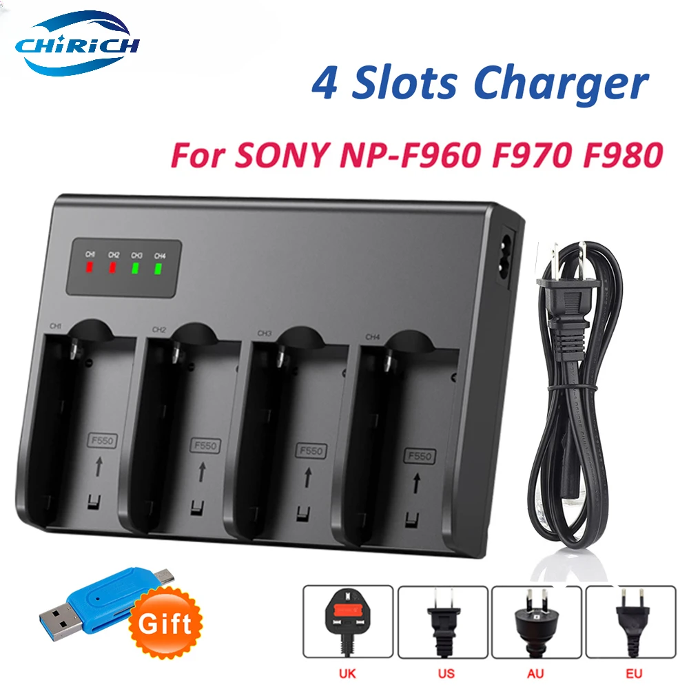 

4 Slots Battery Charger for Sony NP-F960 NP-F970 NP-F980 NP-F330 NP-F550 NP-F570 NP-F750 NP-F770 NP-F930 Camera Battery