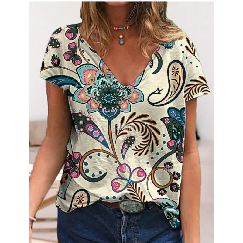 

Women's T-shirt Colorful Flowers 3d V-neck Women's T-shirt New Fashion Casual Simple Loose Summer Ladies Tops Short-sleeved