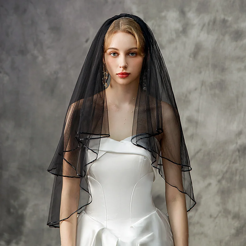

Ribbon Edge Two Layers Short Wedding Veil With Comb Bridal Voile Mariage Ivory Black White Tulle Bridal Veil Wedding Accessories