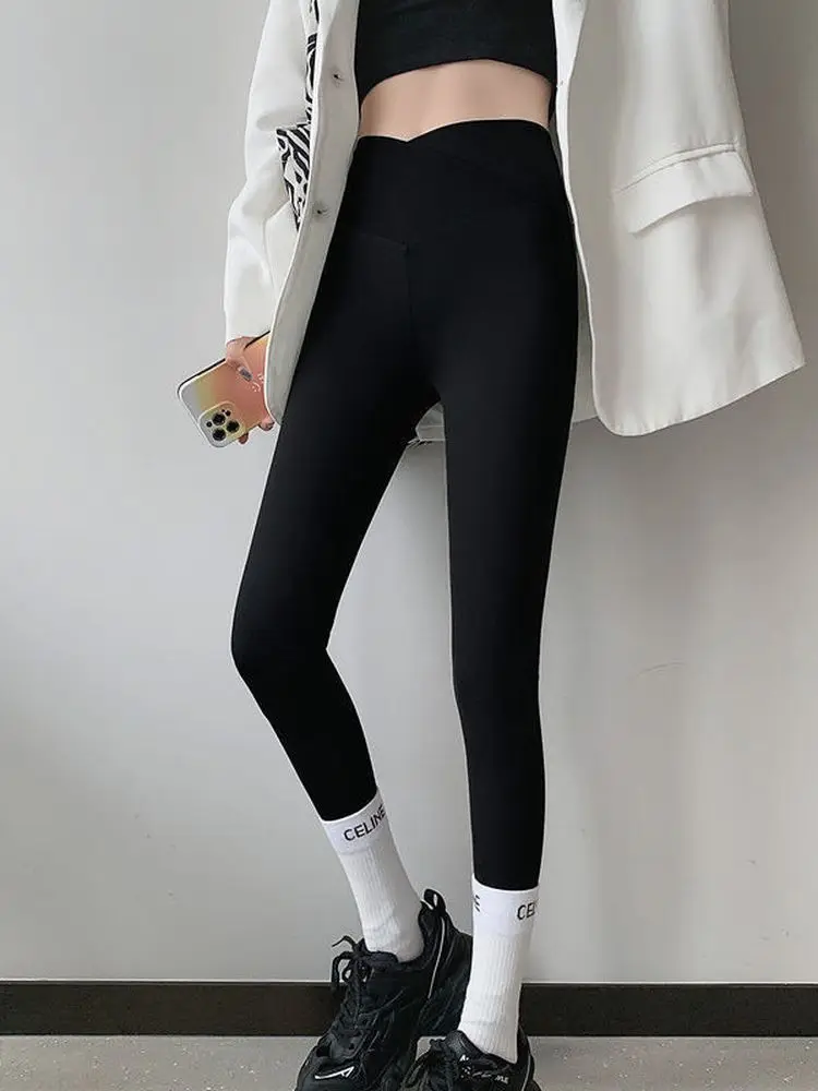 

2022 New Belly Cross Waist Yoga Pants Shark Skin Sports Trousers Slim High Waist Hip V Waist Fitness Leggings Yoga Pants Women