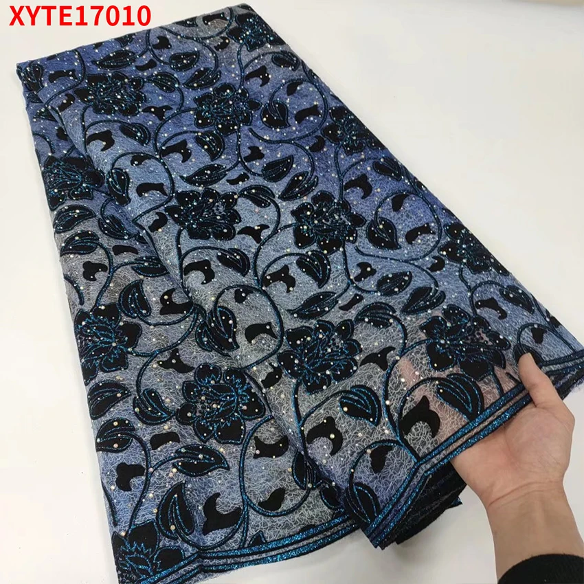 

Wholesale African Flocking bronzing and hot drawing drill Lace Cloth ​Elegant ​Nigerian Cotton For Women Party Dress XYTE17010