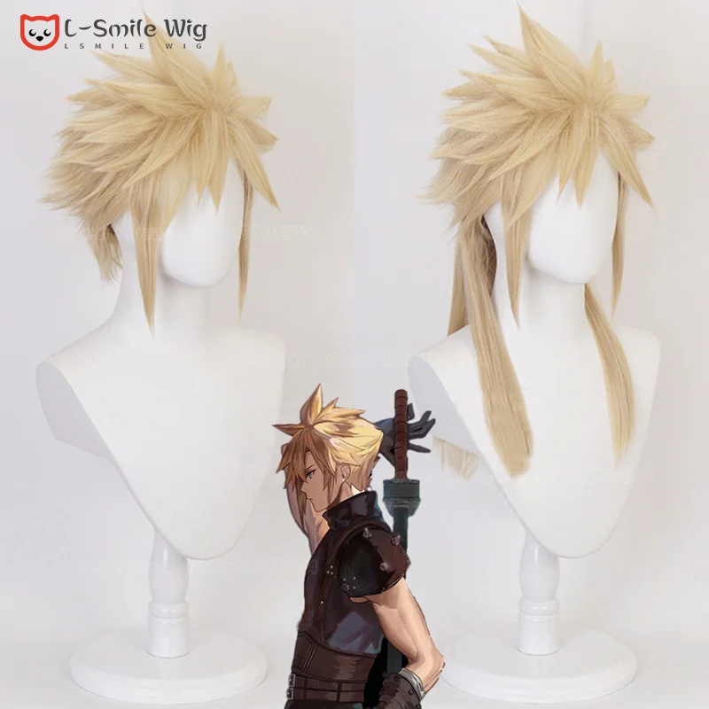 Anime Final Fantasy VII FF7 Cloud Strife Cosplay Wig Light Yellow Heat Resistant Hair Halloween Party Wigs + Free Wig Cap