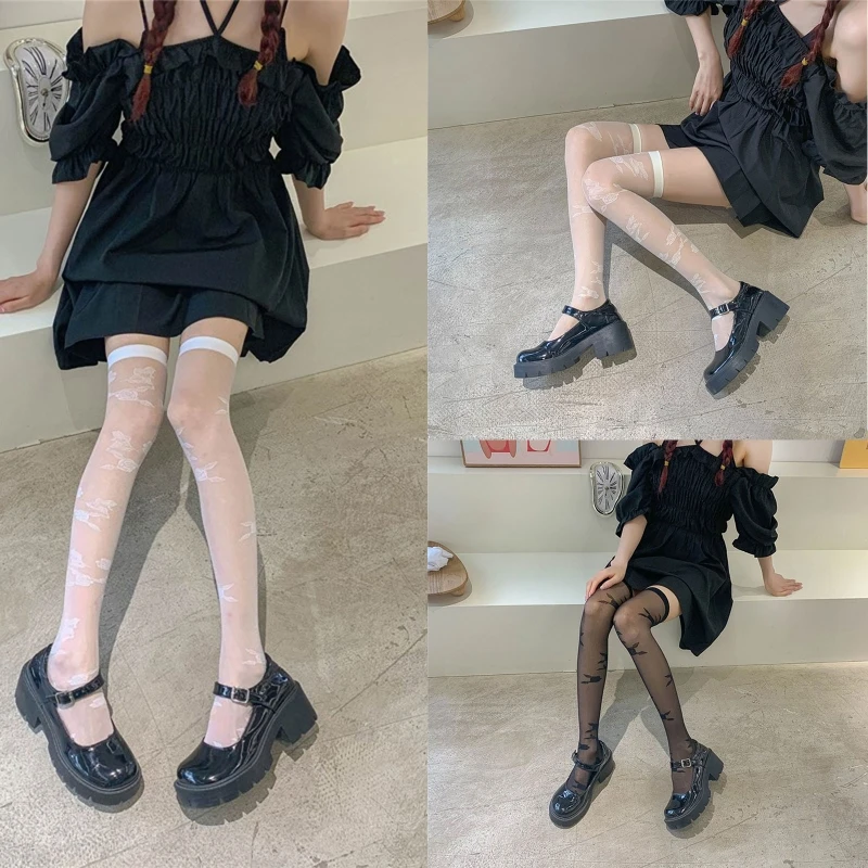 

Women Thin Sheer Thigh High Stockings Vintage Rose Flower Pattern Over Knee Sock