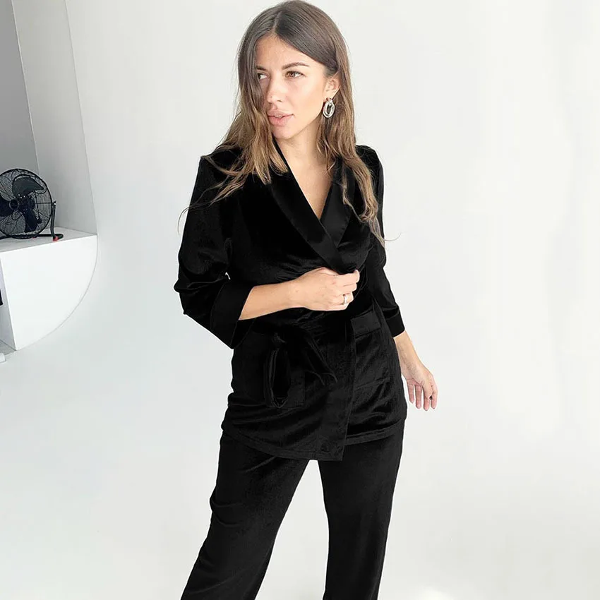 Women Robe Longue 2 Piece Robe Longue Velvet Robes Women Luxury Sleepwear Pajamas Set Pj Set