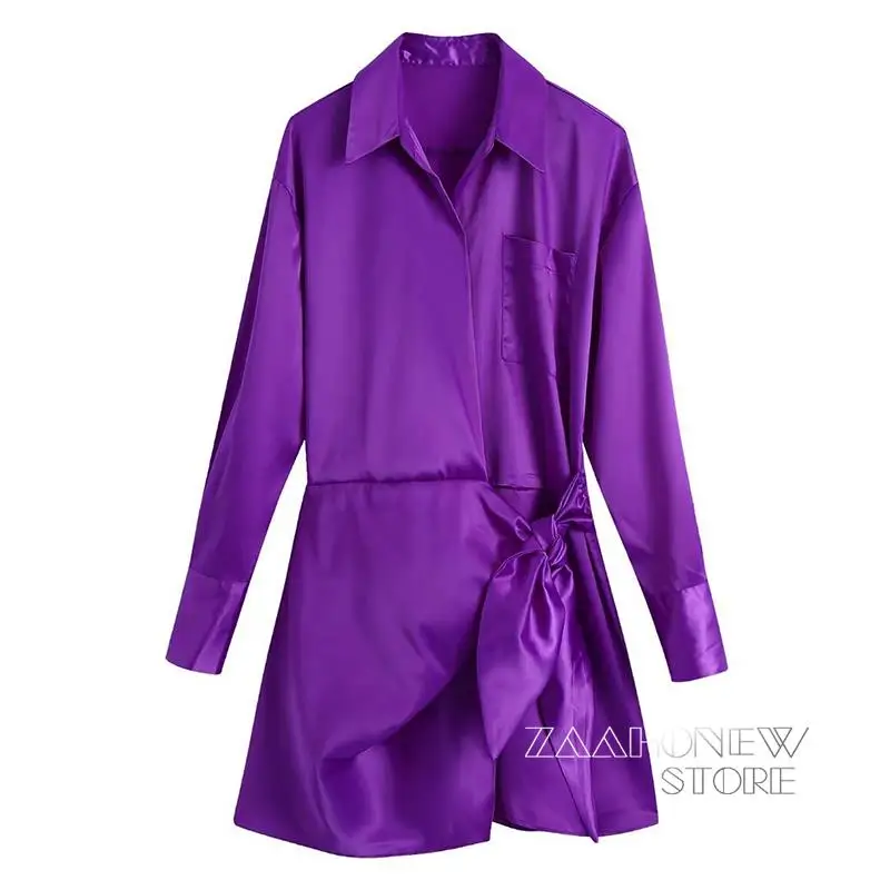 

ZAAHONEW 2022 Spring Autumn Women Fashion Purple Shirt Dress Casual Long Sleeve Lacing Sexy Mini Party Dresses Ladies Vestidos