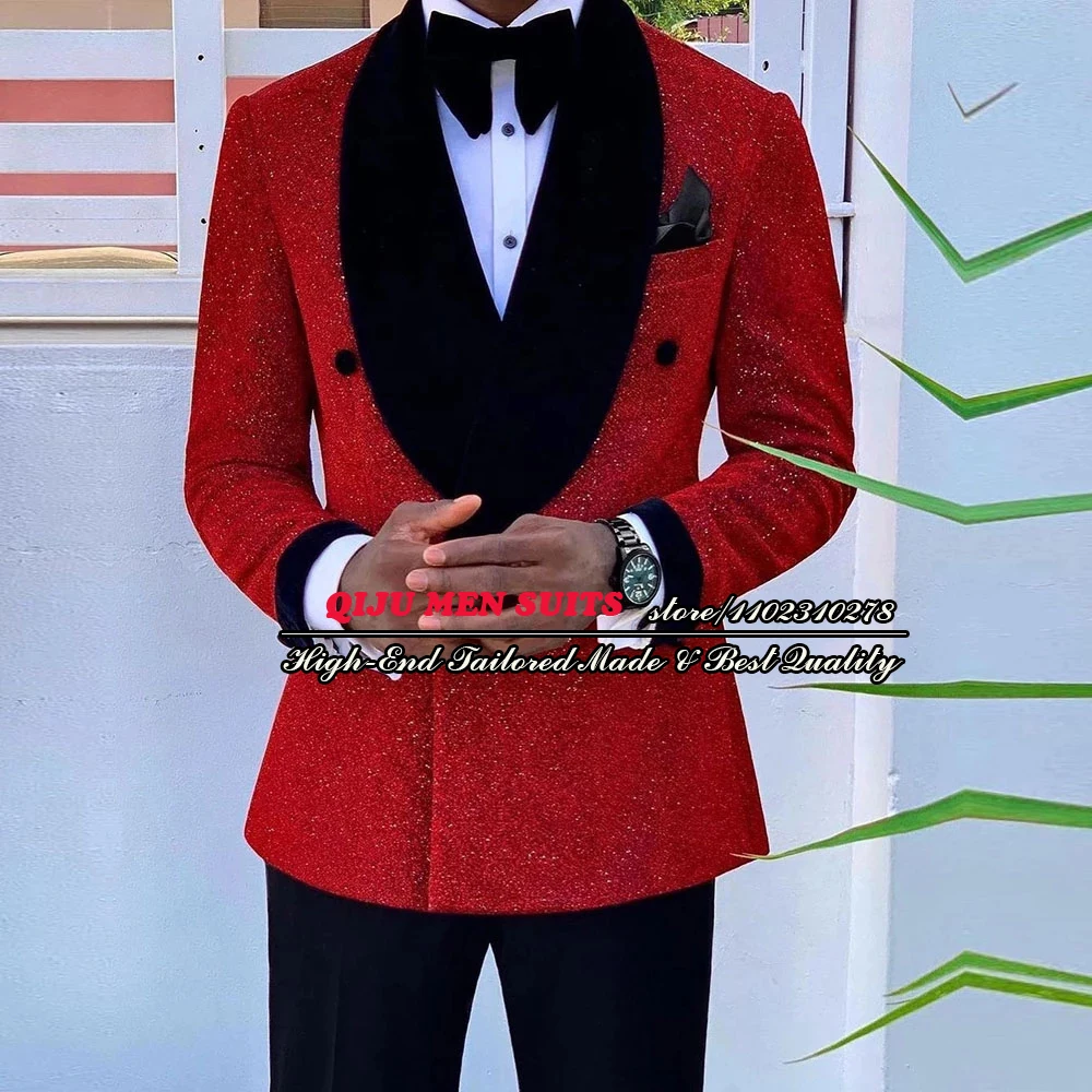 

Блестящий Свадебный Смокинг из люрекса, мужские костюмы для жениха, облегающий двубортный Блейзер, комплекты для официальной вечеринки, деловые костюмы из 2 предметов (пиджак + брюки)