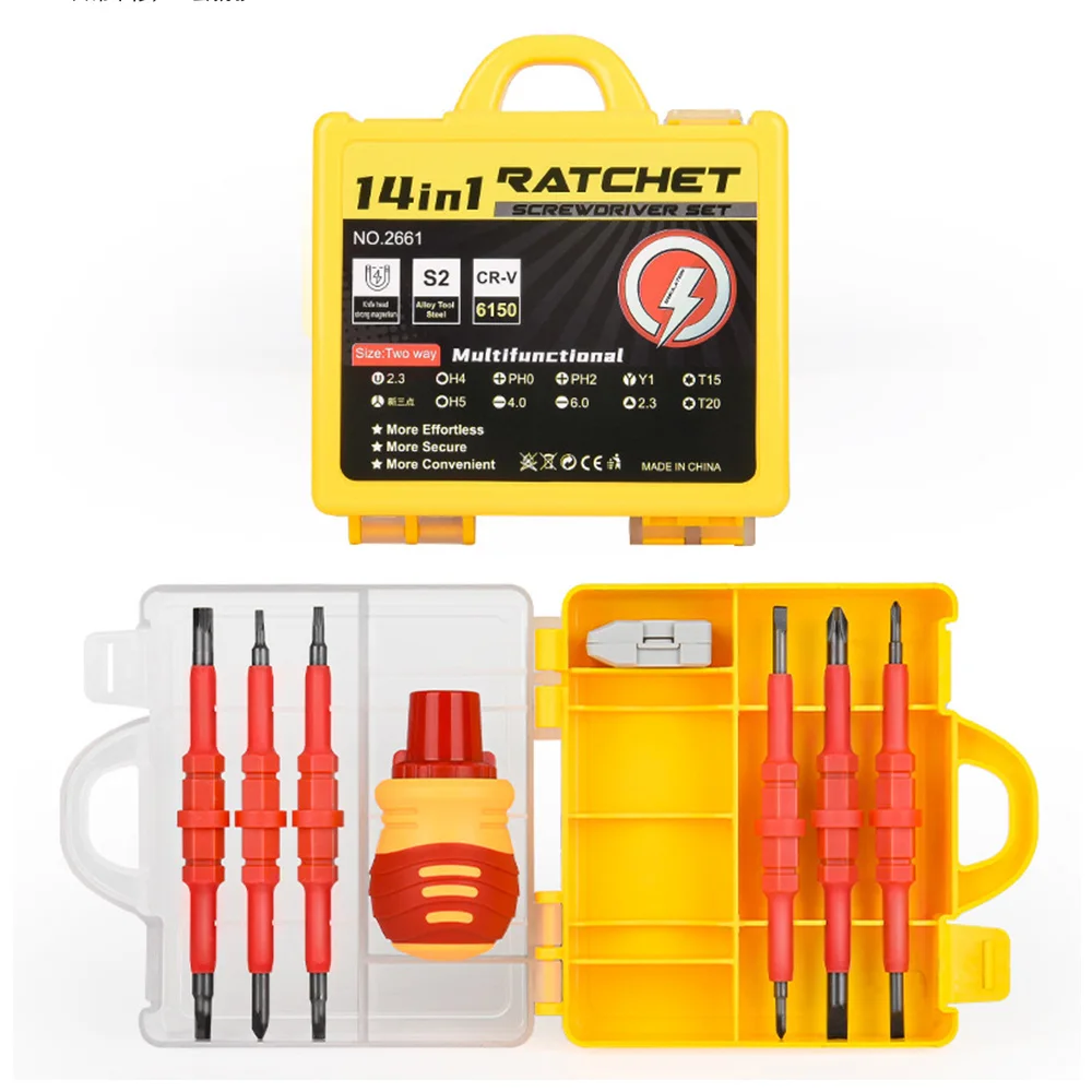 Изолированная Отвертка 14 в 1 бытовая Крестовая плоская Шестигранная треугольная