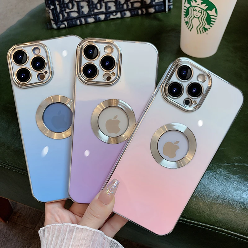 

Luxury Plating Gradient Soft Silione Case For iPhone 14 13 11 12 Pro XR X XS Max 7 8 Plus SE3 LOGO Hole Hollow Shockproof Cover