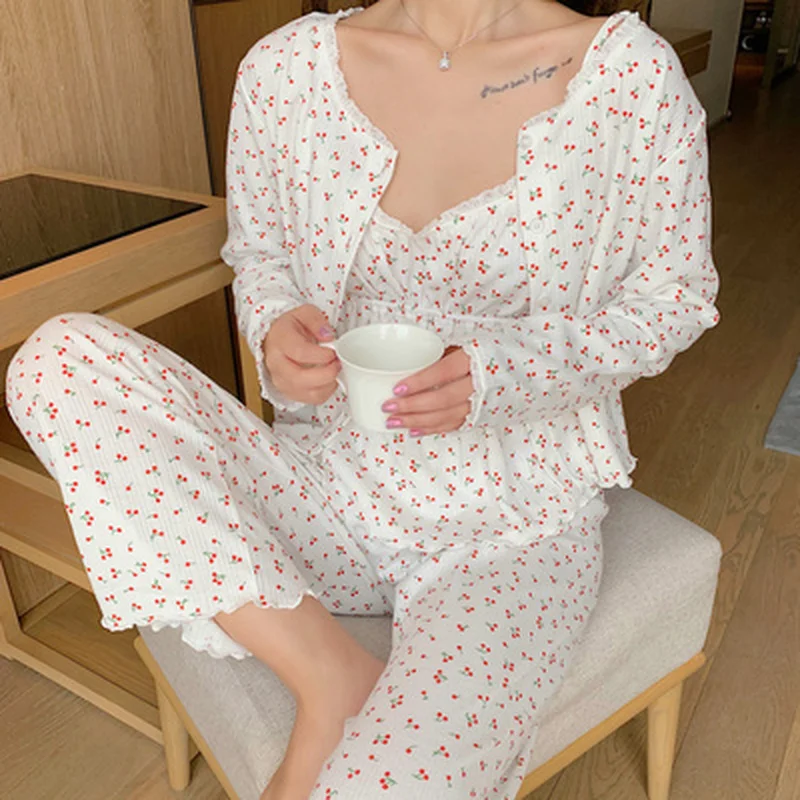 Women Pajamas Three Piece Set Chest Pads Chic Sleepwear Sweet Nightgown Camisole Cardigan Trousers Spring Summer Suit