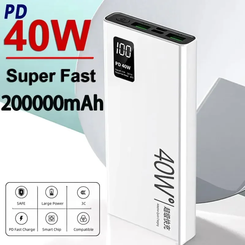

PD40W 200000mAh Super Fast Charging Power Bank Portable Digital Display External Battery Charger For IPhone Xiaomi Huawei QC3.0