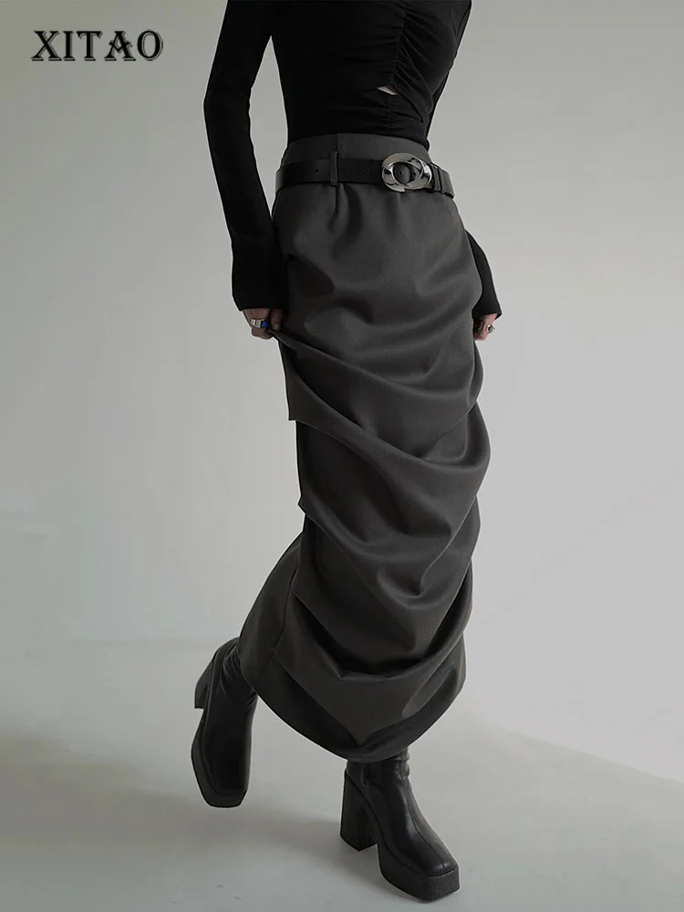 XITAO Temperament Folds Skirt Solid Color Fashion Casual Women Personality Simplicity Autumn New Behind Slit Skirt WLD13192