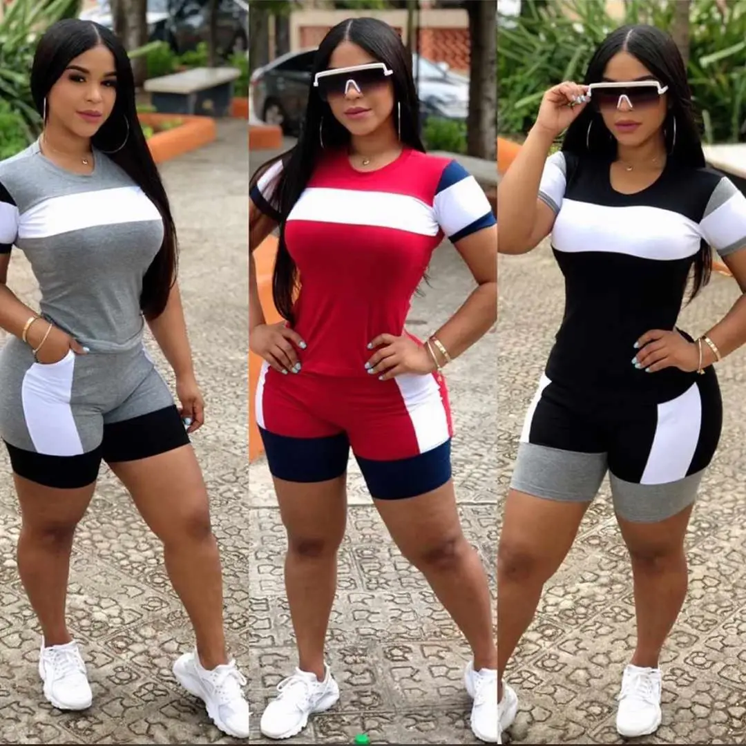 

Summer Women's Casual Spliced Short Sweatsuit Female Tee Tops and Shorts Splicing Jogger 2PCS Tracksuit Fitness Outfit