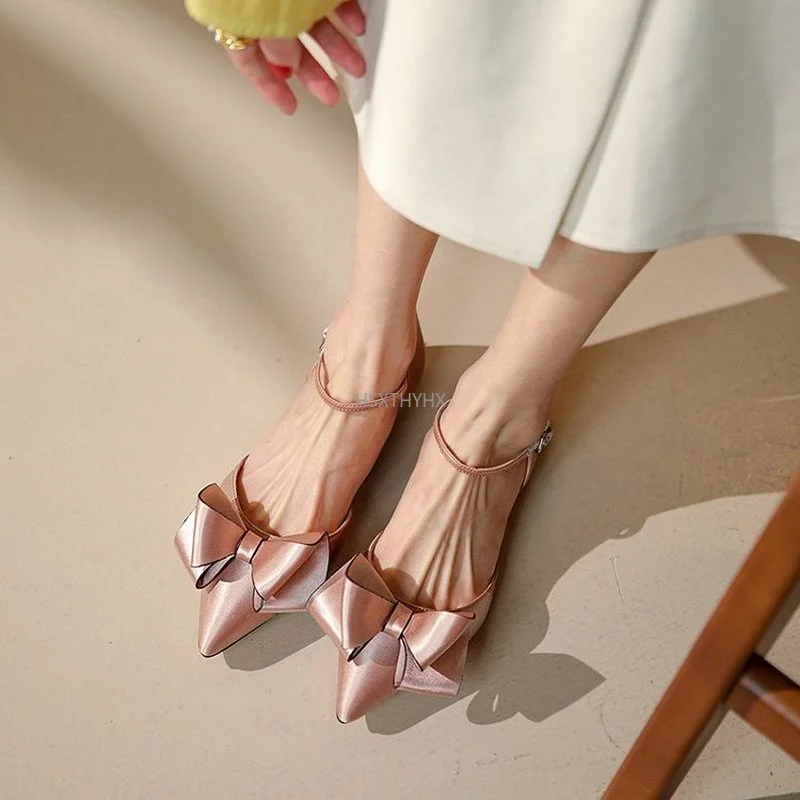 

New Elegant Bowknot Fashion Pointed Toe Sexy One-Word Buckle High Heels Summer Hot Sale Ladies Single Shoes Large Size 34-40