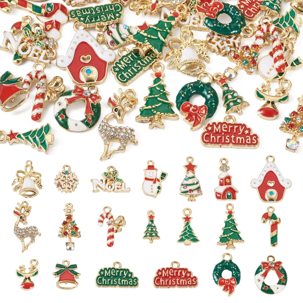 

20~40Pcs Christmas Enamel Pendants Snowman Reindeer Tree Snowflake Candy Cane House Bell Charms for jewelry making DIY Decor