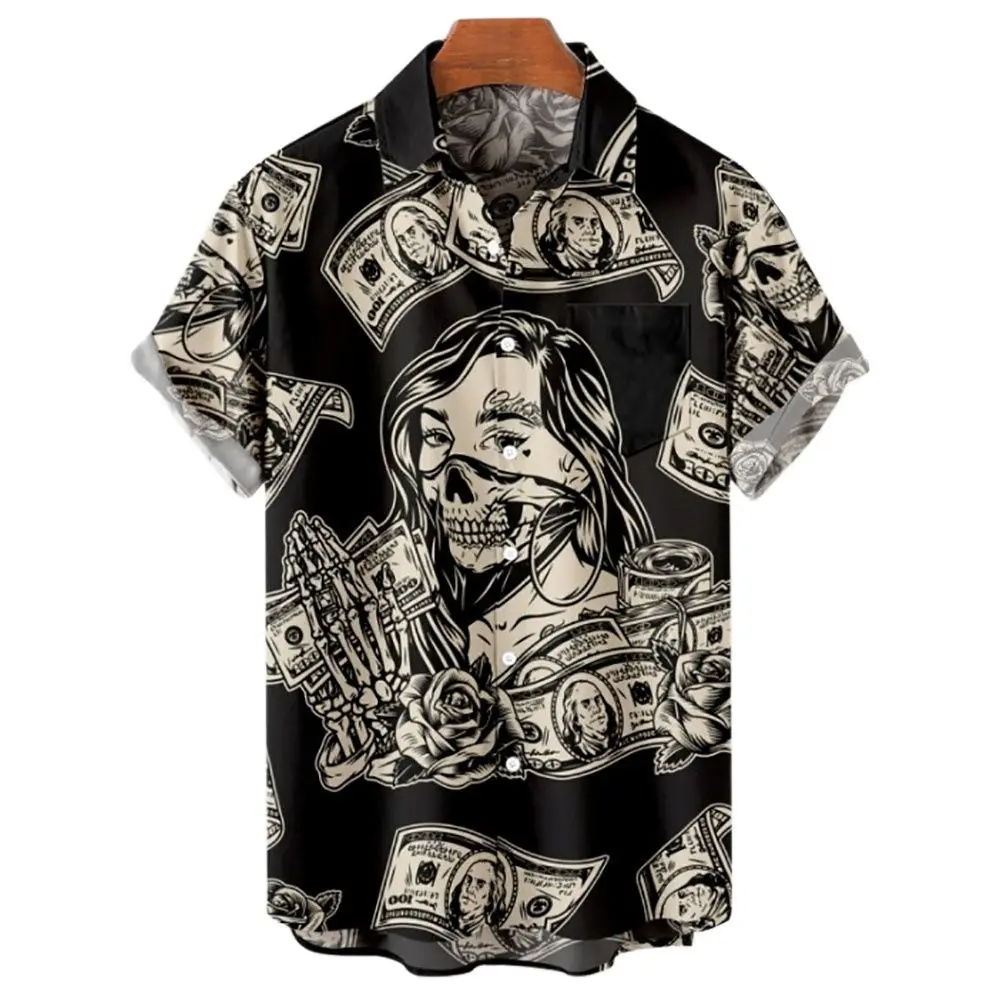 2022 Men's Short Sleeve Hawaiian Shirt Gothic Rockabilly 3d Horror Skull Print Shirt