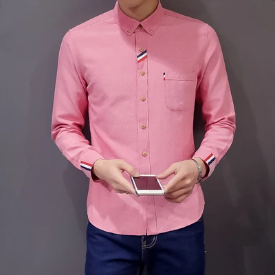 Summer 2022 Fashion Business Men's Oxford Spinning Red White Blue Ribbon Striped Solid Shirt Korean Trendy Shirt Casual Shirts
