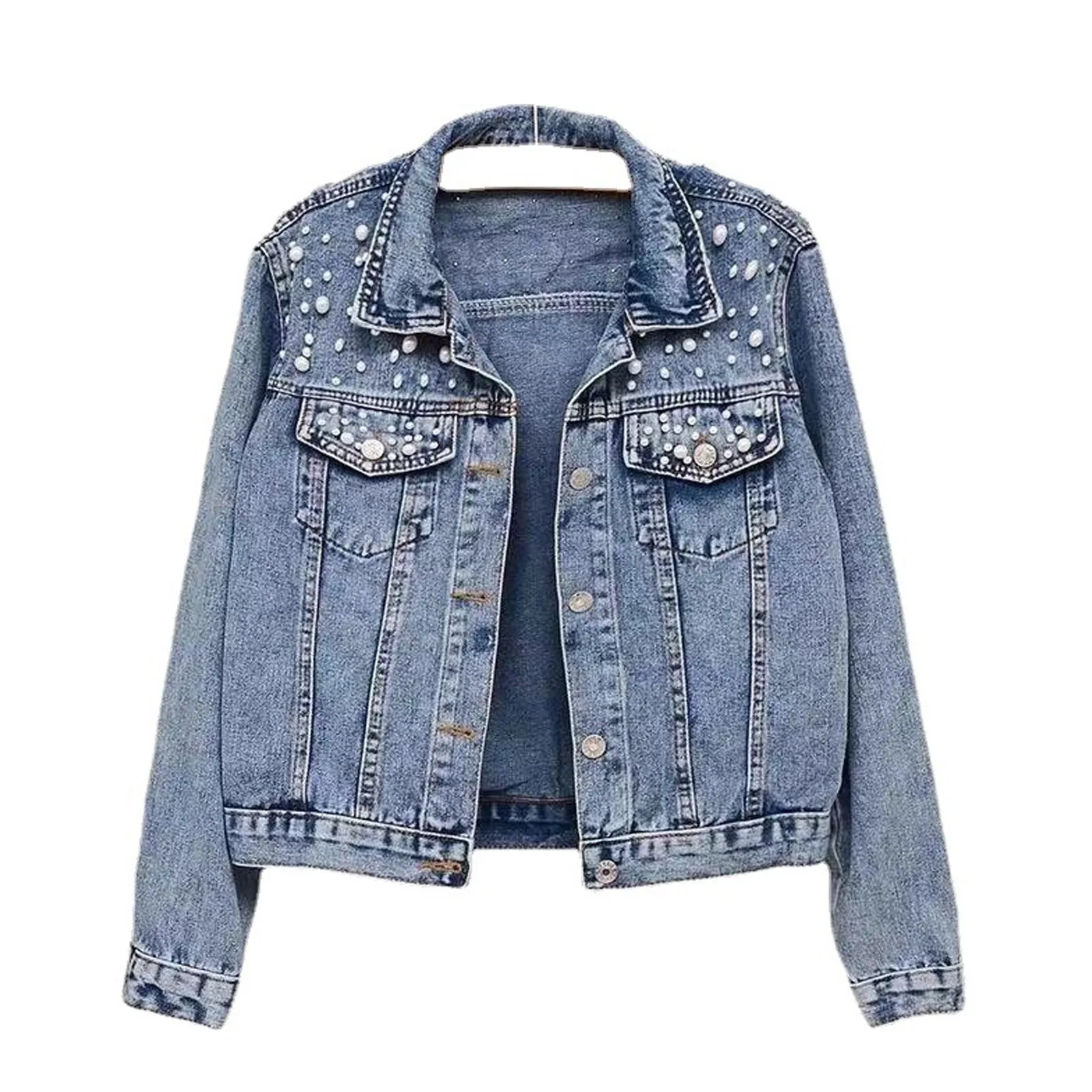 Женская джинсовая куртка с вышивкой и жемчужинами свободная отложным воротником