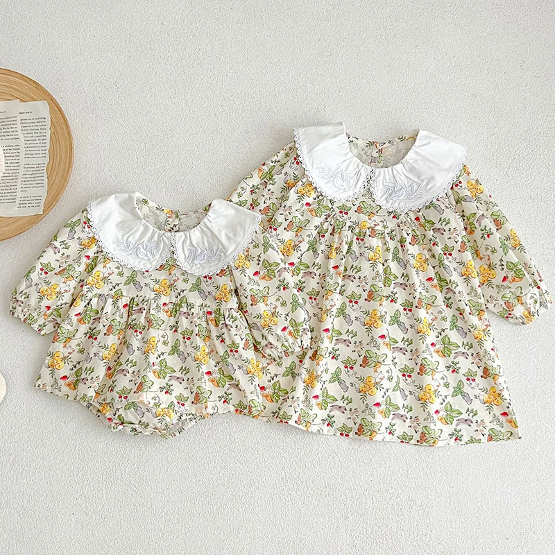 

Детская одежда, детское платье, боди для малышей, одежда для сестер, Осеннее, весеннее, хлопковое платье с длинным рукавом и принтом