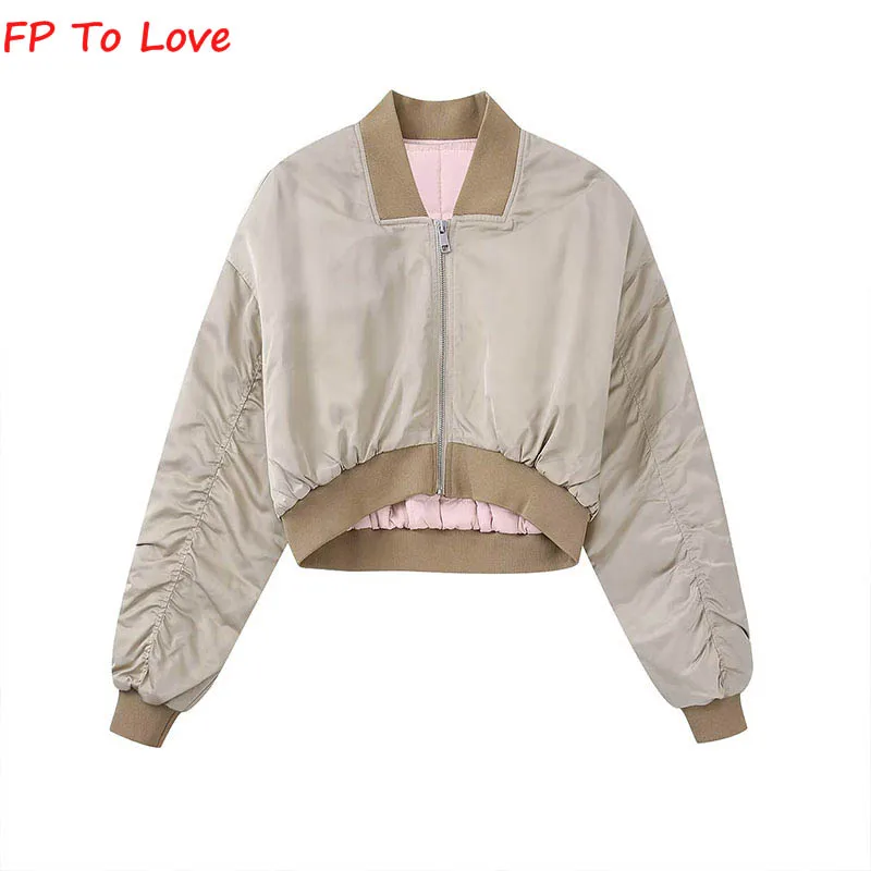 

Fp To Love Khaki Satin Textured Short Aviator Jacket Chic High Waist Zip Tight Cotton Jacket Fashion