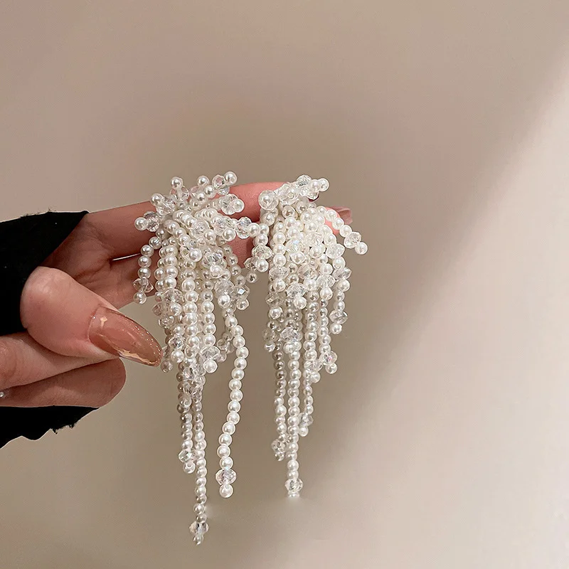 

New Baroque Style Handmade Crystal Pearl Flower Tassel Long Earrings For Women Statement Jewelry Dangle Pendientes Brincos