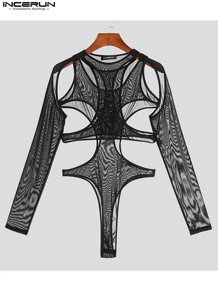 Fashionable Loungewear Sexy New Men Breathable Mesh Onesies Stylish Male Thin Long Sleeve Triangle Bodysuits S-5XL INCERUN 2023