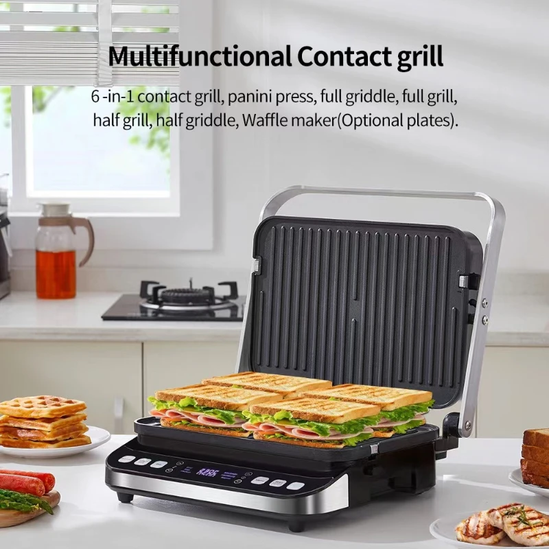 

BioloMix 2000W Electric Contact Grill Digital Griddle and Panini Press, Optional Waffle Maker Plates, Opens 180 Degree Barbecue