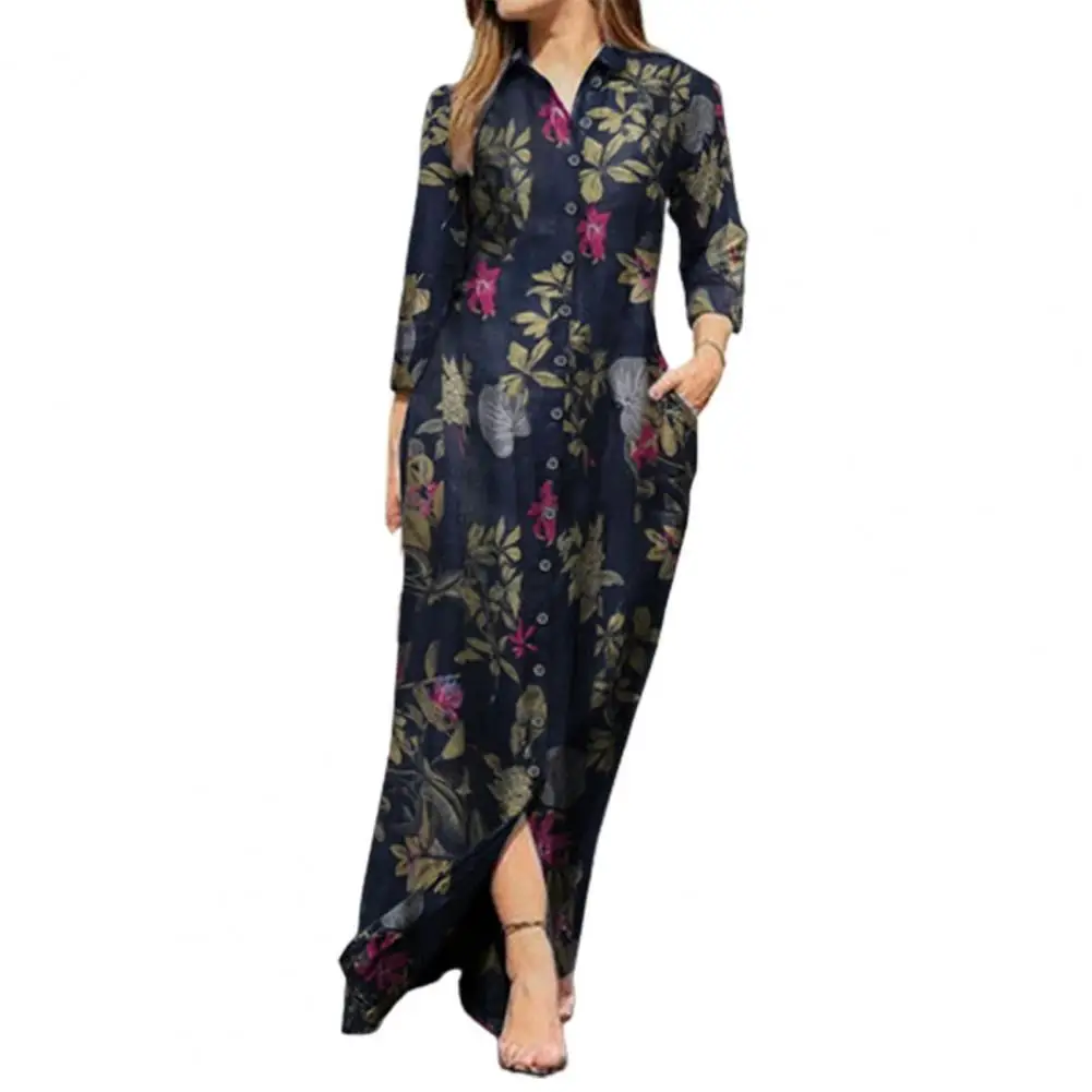 

Amazing Shirt Dress Turn-Down Collar with Pocket Maxi Dress Single Breasted Lady Printing Long Shirt Dress