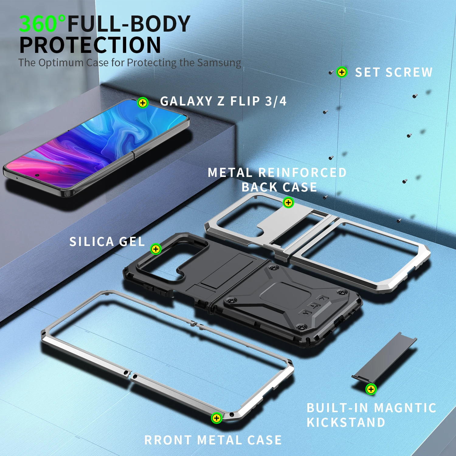 For Samsung Galaxy Z Flip 4 Case  Heavy Duty Metal+Silicone Rugged Strong Protection KickStand Cover Dust Proof Drop Resistant
