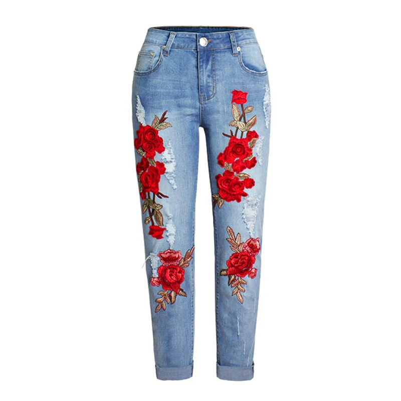 

Hot Fashion Jeans Women Stretch Loose Denim Pants Floral 3D Embroidery Bleach Ripped Pants Female Elastic Denim Jeans Pants