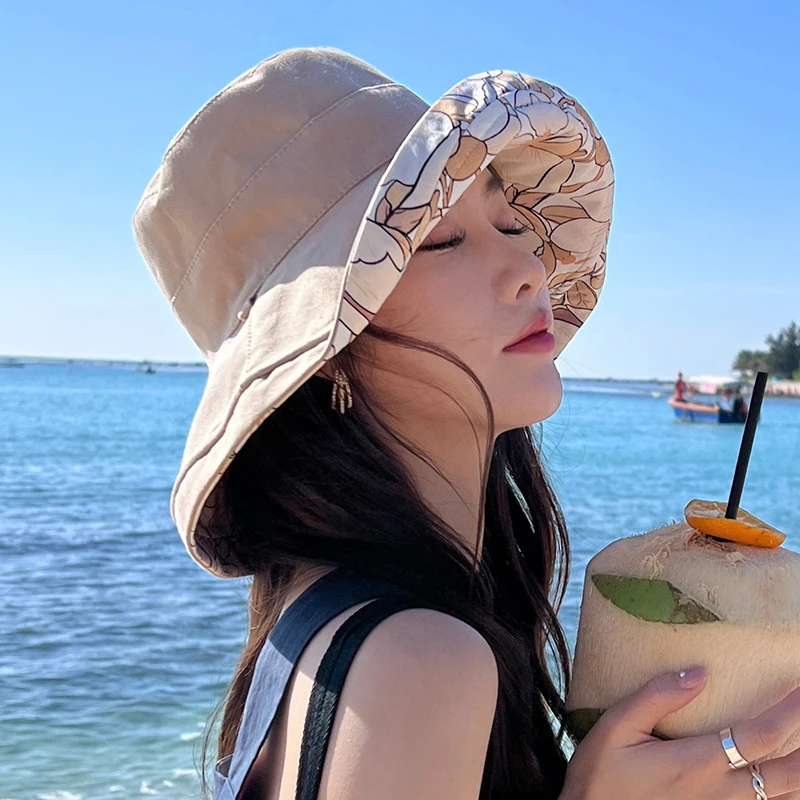 

Шляпа от солнца с двусторонним принтом женская, уличная Панама из чистого хлопка с широкими полями, модная кепка для рыбалки, 2023