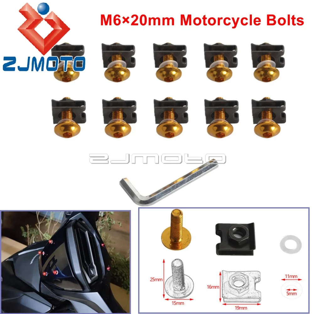 

Болты обтекателя для мотоцикла 6 мм, 10 шт., для Kawasaki Yamaha Suzuki Honda Scooter M6 Spire Speed, крепежные зажимы, пружинные гайки