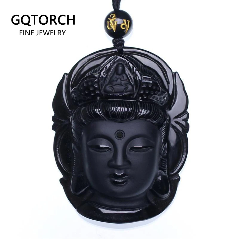 Natural Black Obsidian Pendant Avalokiteshvara Buddha Guanyin Head Amulets And Talismans Scrub Pendant With Bead Necklace