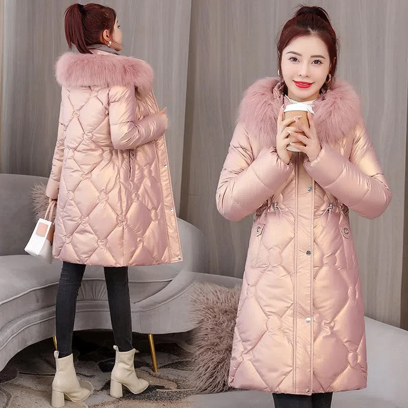 Parkas Women 2022 Winter New Large Size Hooded Fur Collar Long Padded Coat Female Casual Fashion Shiny Wash Free Cotton Jacket