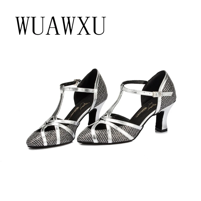 NATASHA Baotou Latin Dance Shoes Female Flash Gold Adult Medium High Heel Square Friendship Dance Shoes Soft Sole Competition Pe