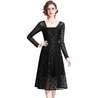 simgent black lace dress womans 2022 spring long sleeve square collar elegant a line midi dresses vestidos jurken sg23142