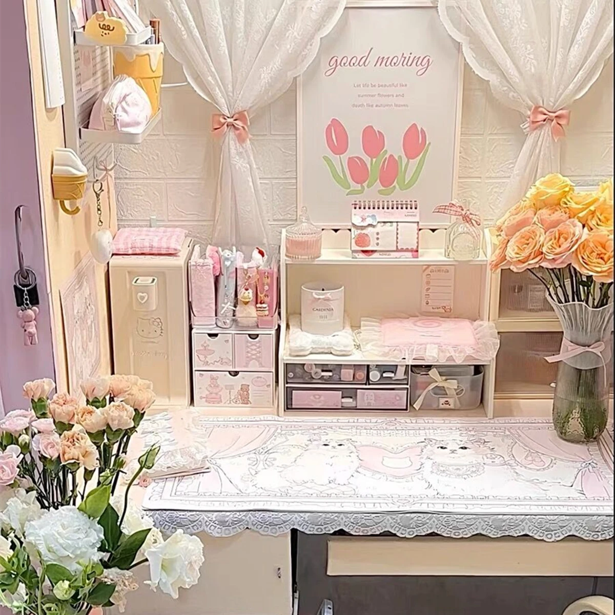 Розовый большой игровой коврик для мыши и компьютерной с милым котом