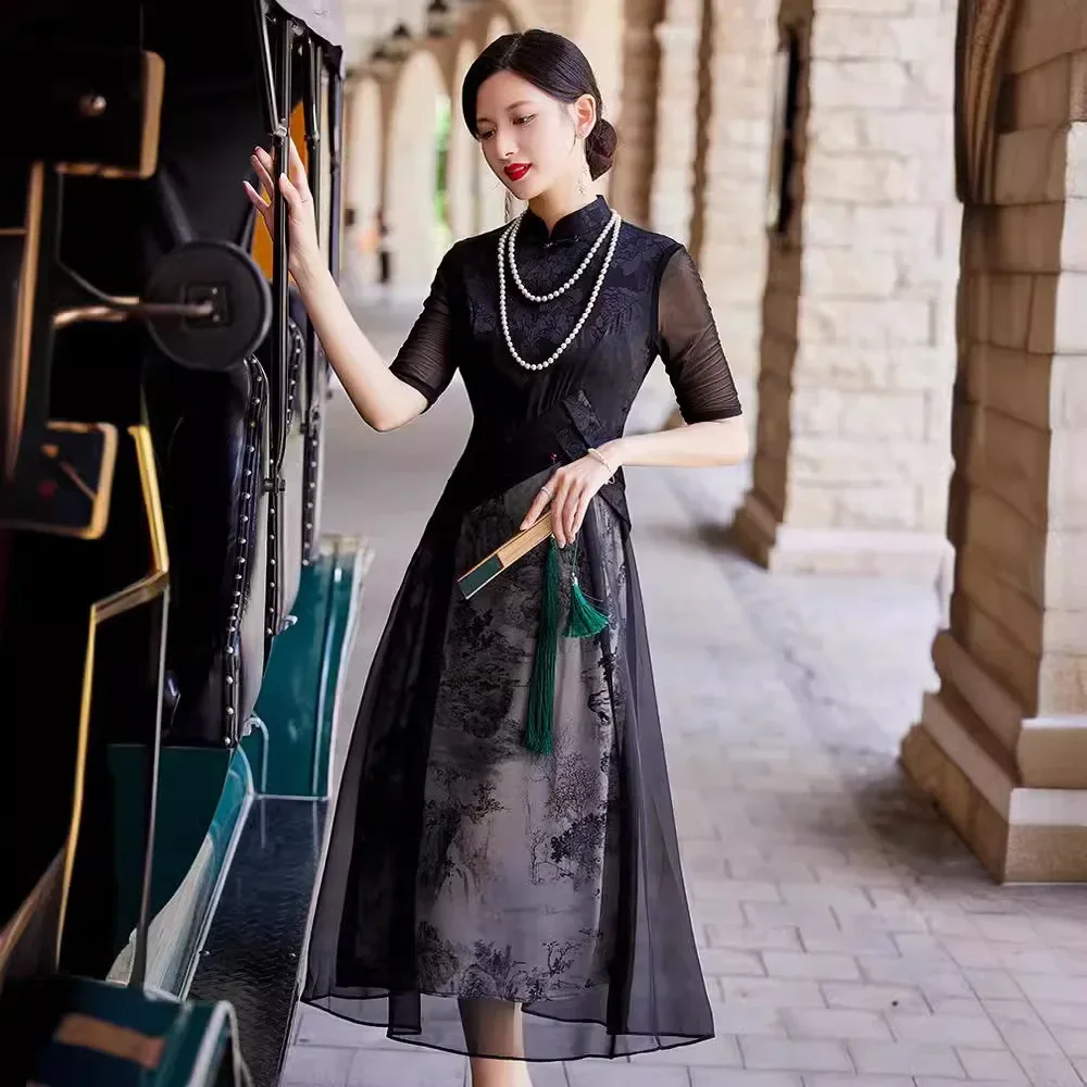 Новое улучшенное кружевное платье Cheongsam в китайском стиле ретро 2024 элегантное